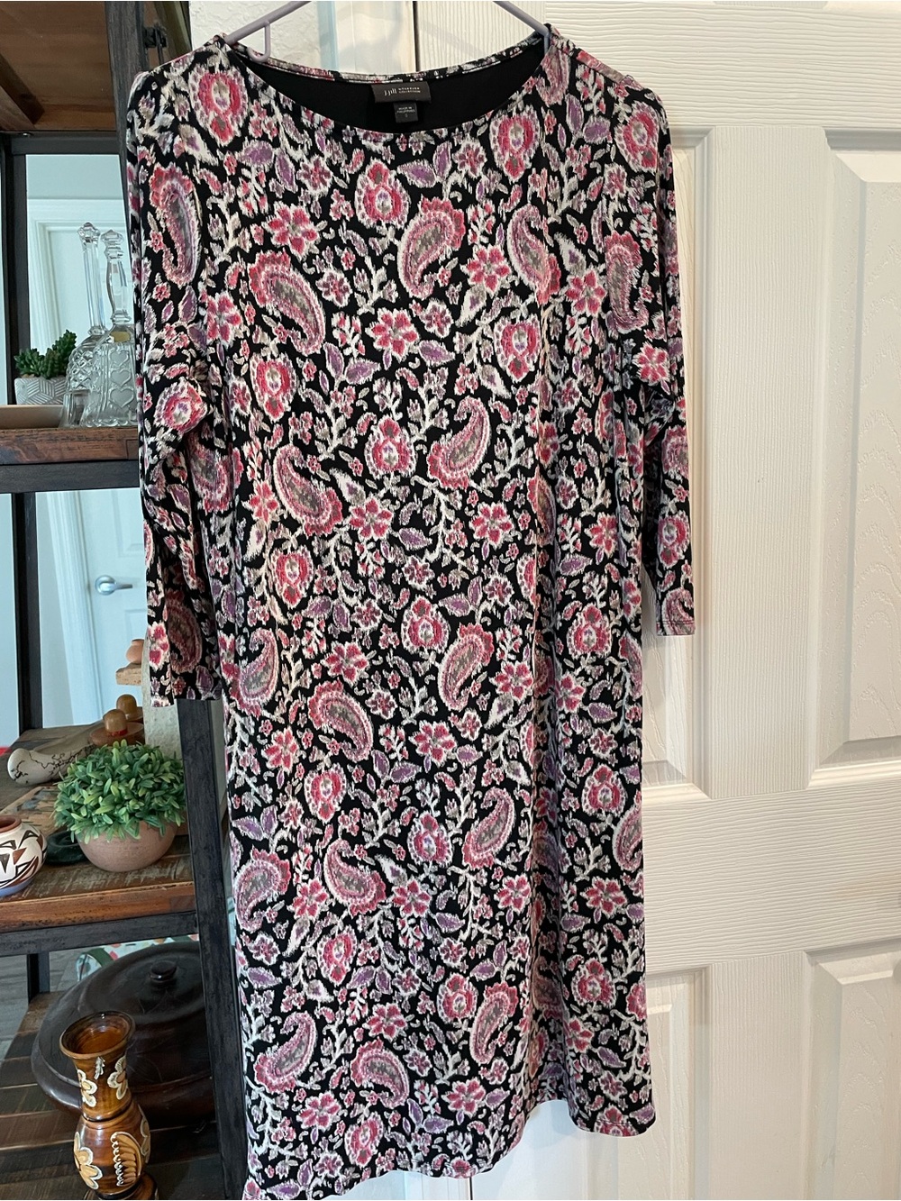 J. Jill Wearever collection long sleeve black pink paisley floral lined dress SM